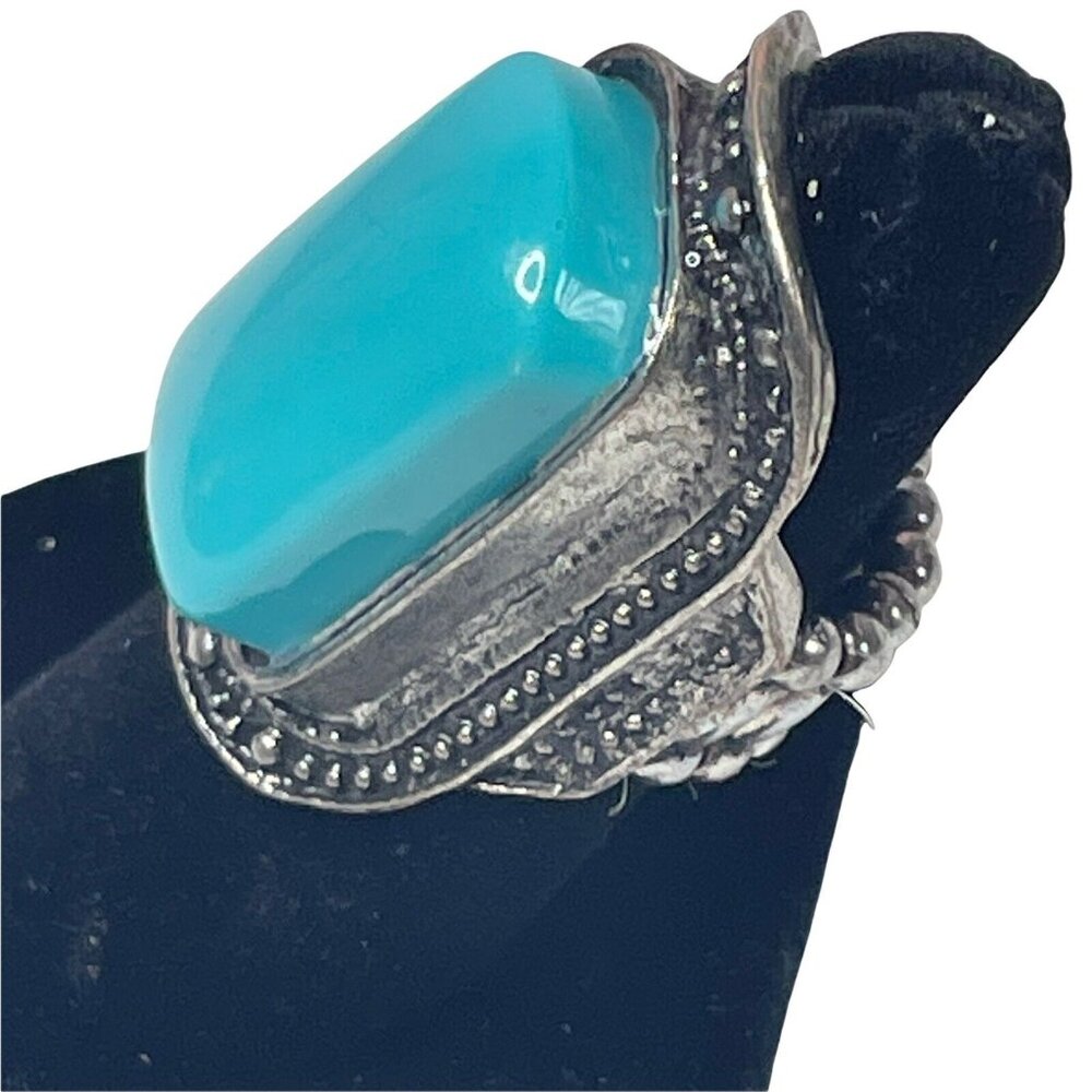 Silver Tone Faux Turquoise Cabochon Stretch Ring Cushion One Size Boho Southwest